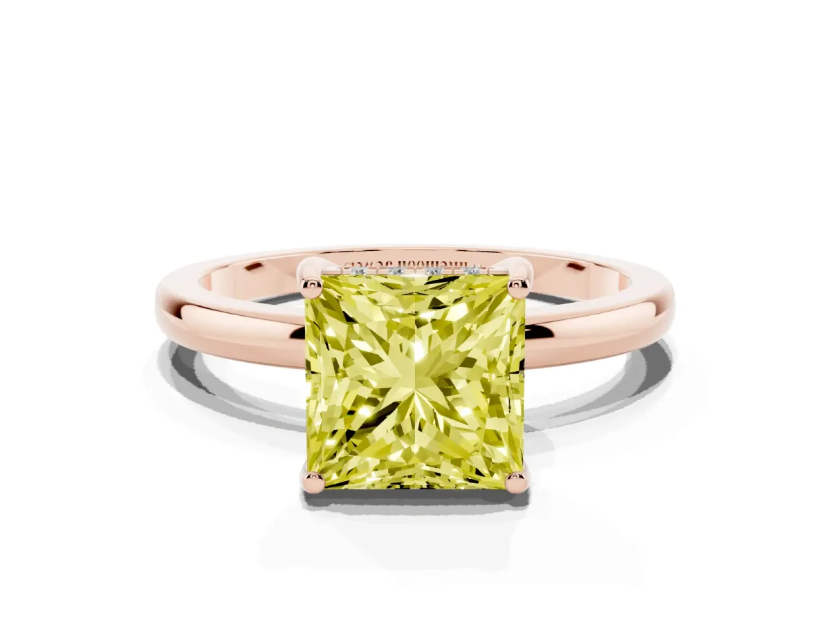 Fancy Yellow Princess Cut Solitaire Diamond Ring with Prong Setting and Plain Band Rose gold