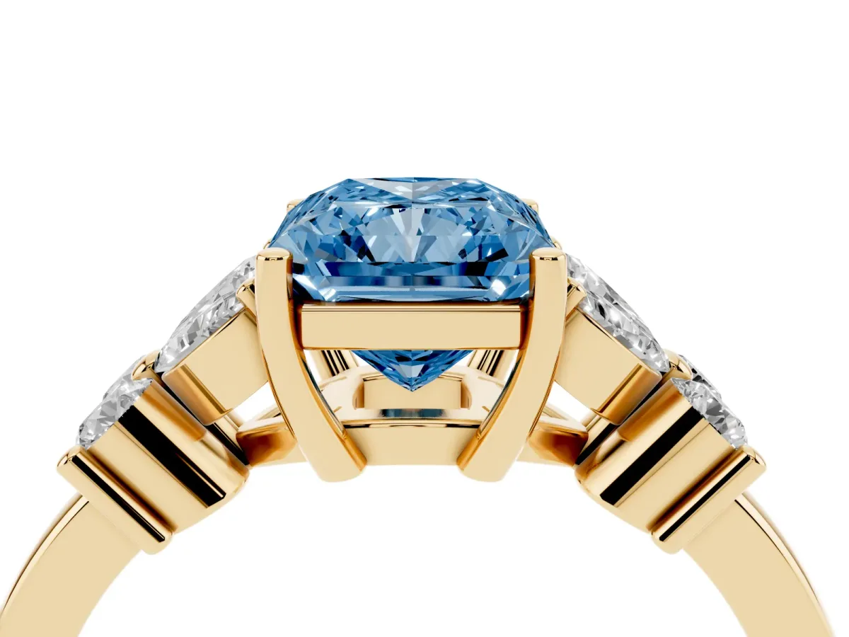 Fancy Blue Radiant Cut Diamond Floral Cluster Ring with Solitaire Band and Prong Setting Yellow gold