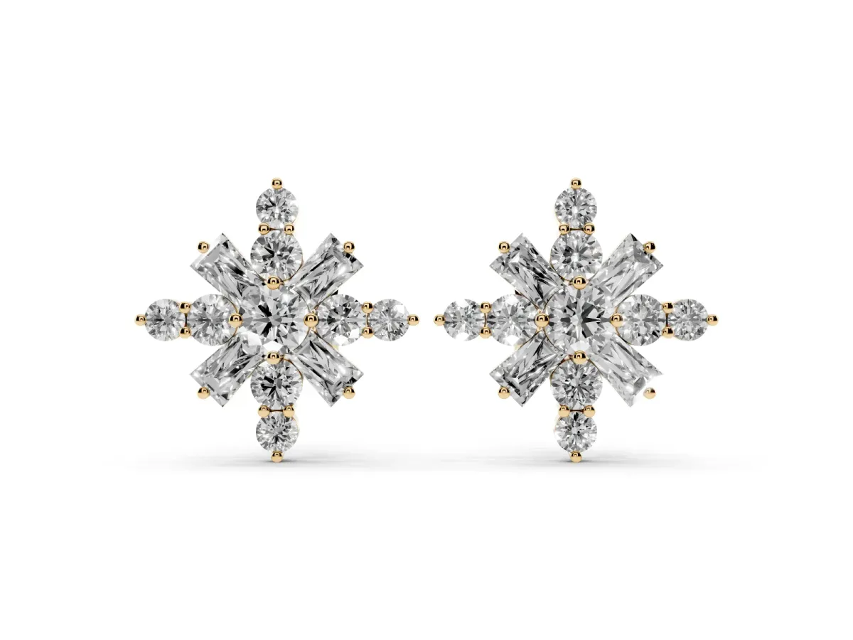 Round Cut Diamond Snowflake Cluster Stud Earrings Yellow gold