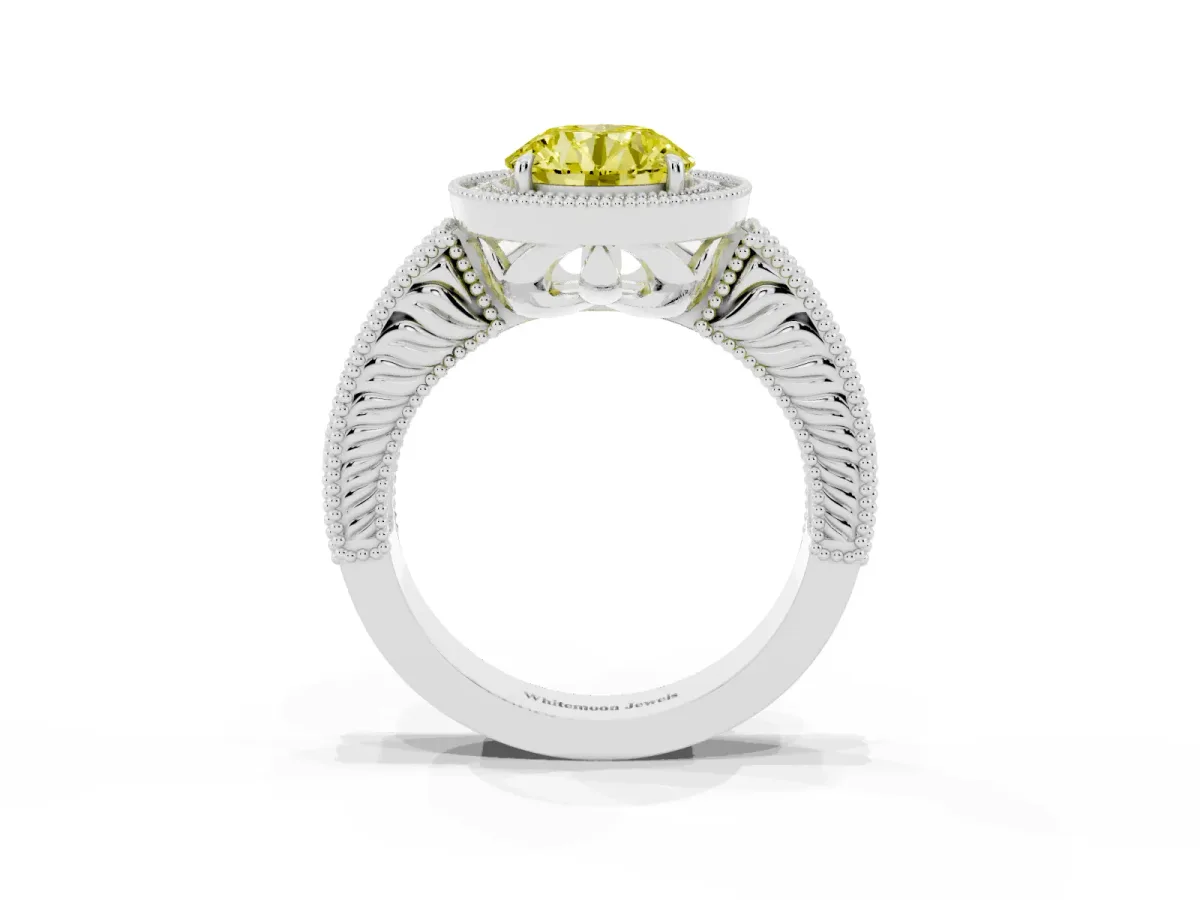Fancy Yellow Round Cut Cut Halo Diamond Ring with Pavé Band and Four-Prong Setting Silver