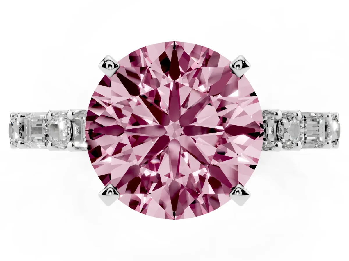 Fancy Pink Round Cut Diamond Solitaire with Side Baguettes and Channel Set Band Silver