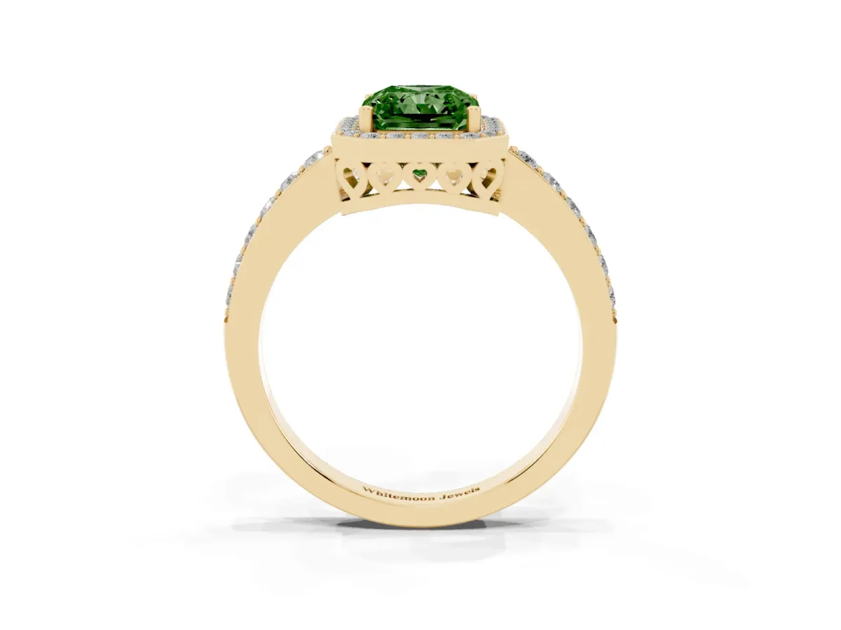 Fancy Green Radiant Cut Halo Diamond Pavé Band Ring with Prong Setting Yellow gold