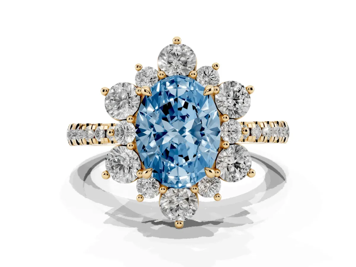 Fancy Blue Oval Cut Diamond Floral Halo Ring with Round Pavé Band and Prong Setting Yellow gold
