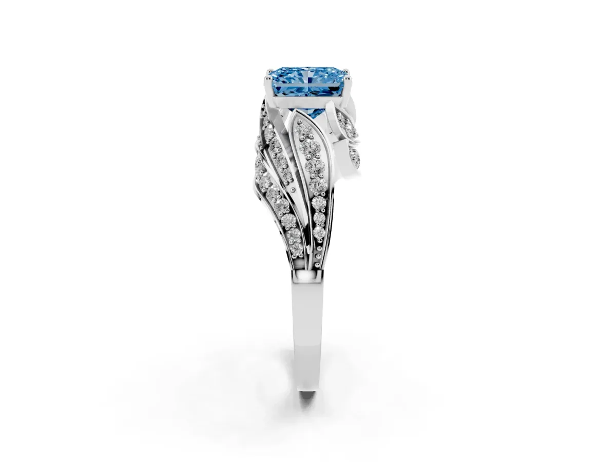 Fancy Blue Radiant Cut Diamond Solitaire Ring with Prong Setting and Twisted Pavé Band Silver