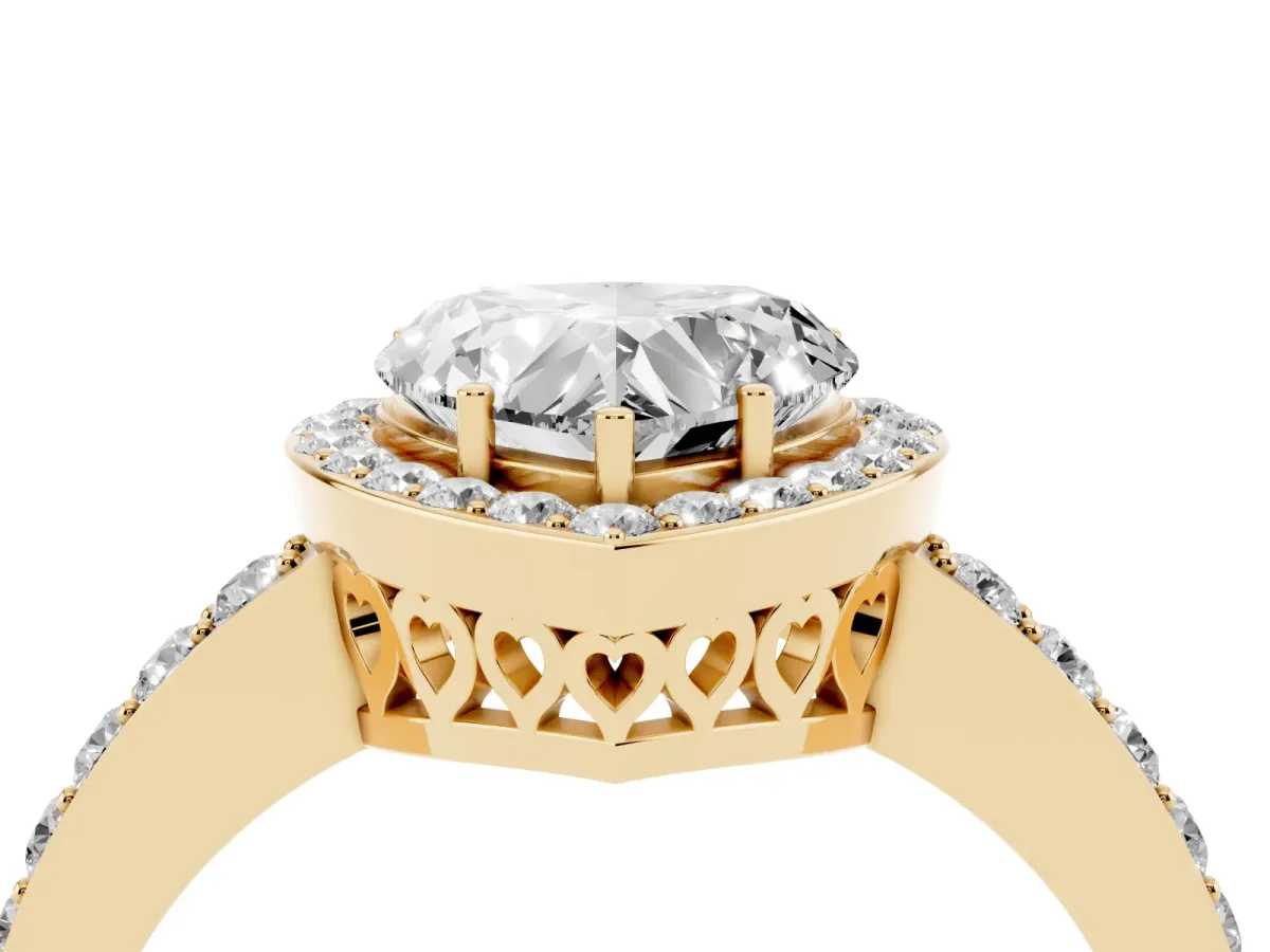 Heart Cut Halo Diamond Pavé Band Ring with Prong Setting Yellow gold