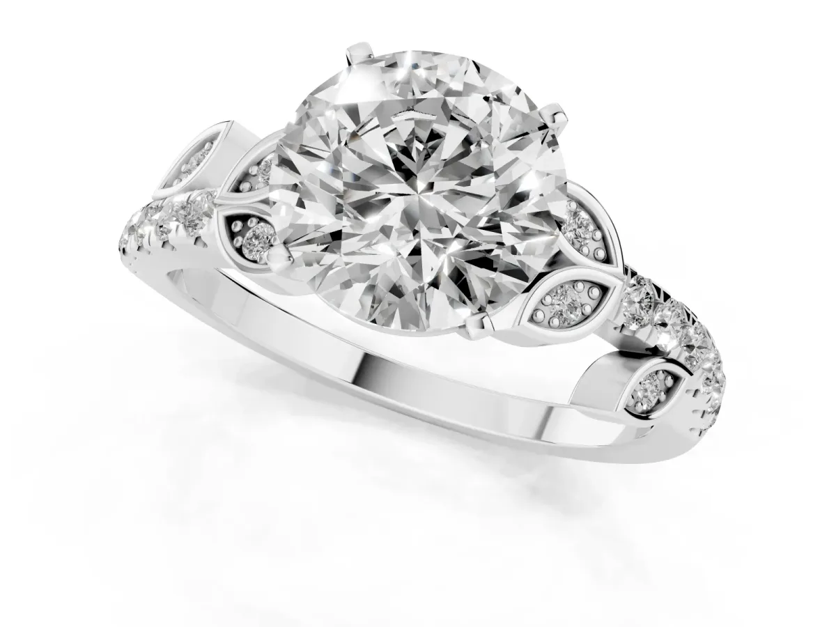 Round Cut Solitaire Leaf-Inspired Diamond Ring with Pavé Band and Four-Prong Setting Silver