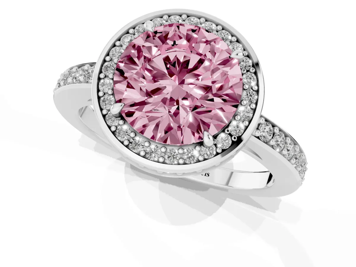 Fancy Pink Round Cut Halo Pave Band Solitaire Ring with Prong Setting Silver