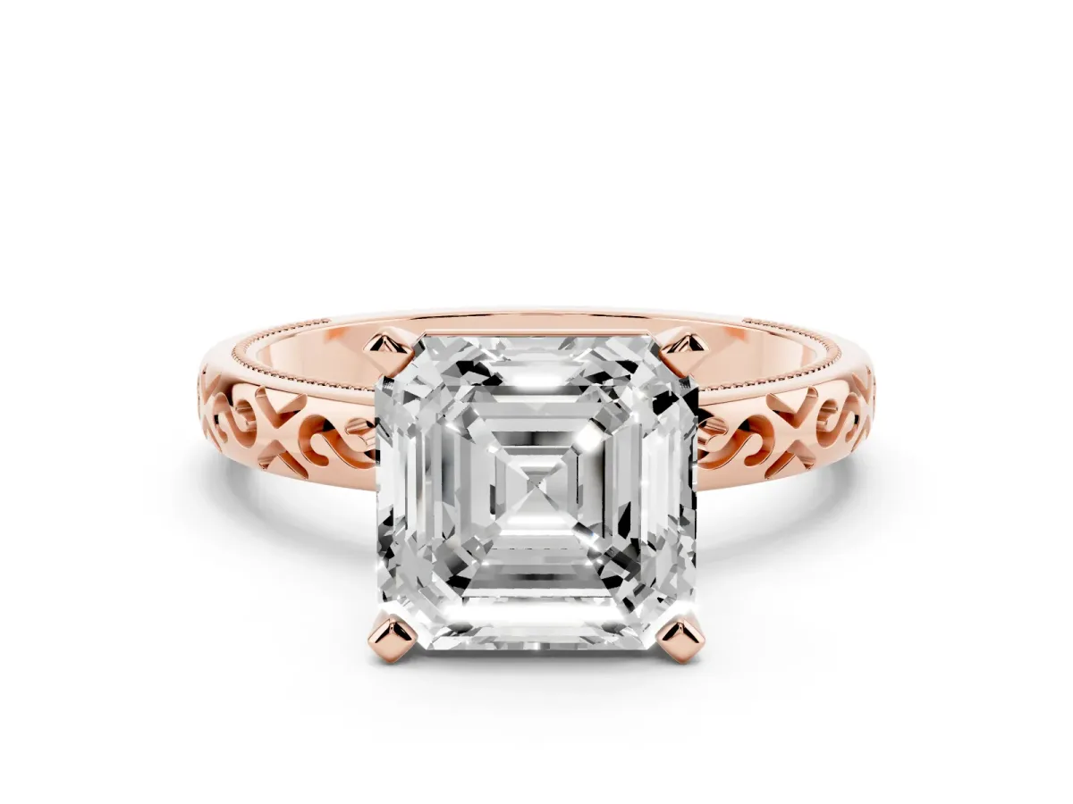 Asscher Cut Solitaire Engagement Ring with Scrollwork Band and Four-Prong Setting Rose gold
