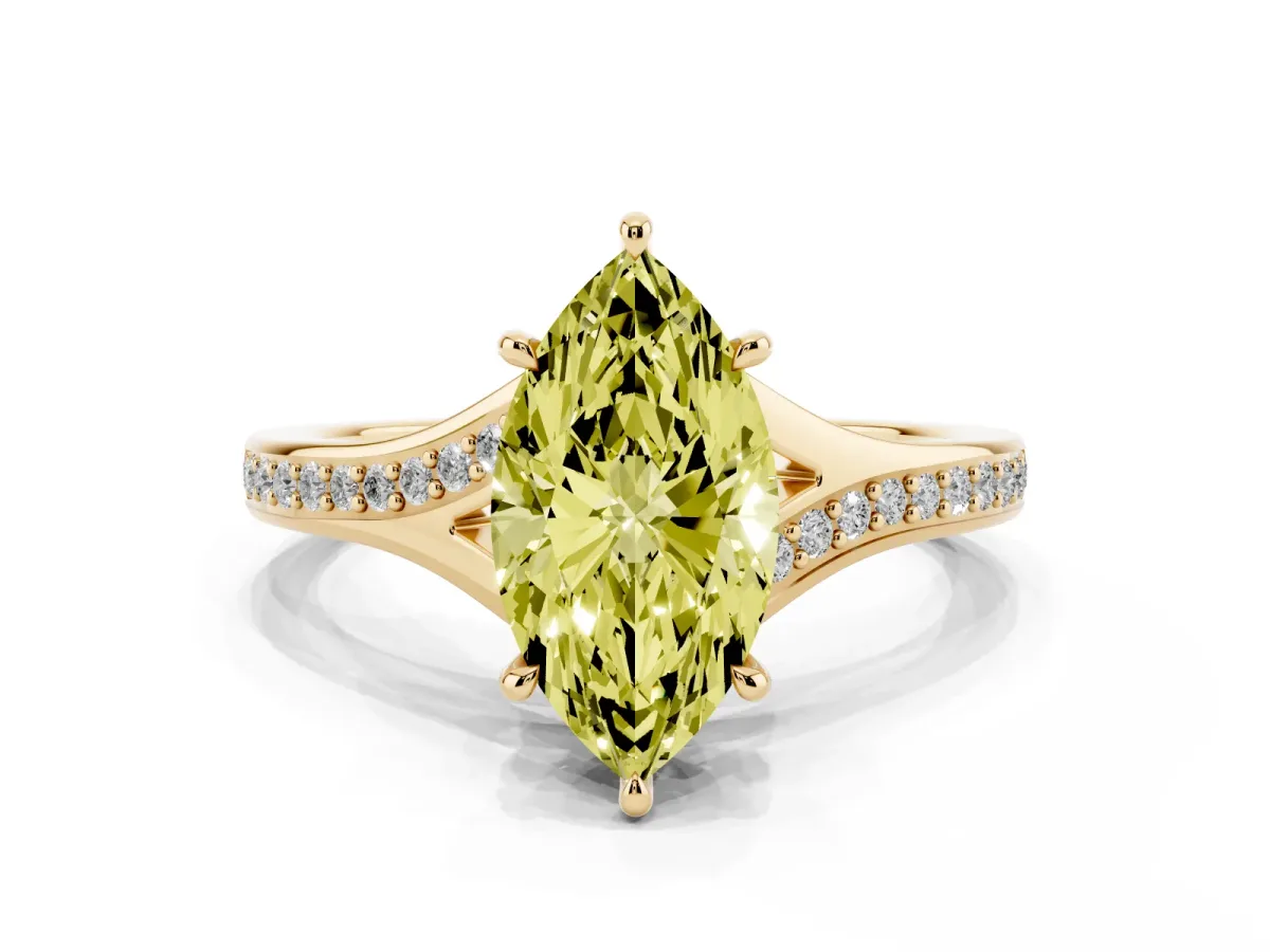 Fancy Yellow Marquise Cut Diamond Solitaire Ring with Pavé Band and Prong Setting Yellow gold