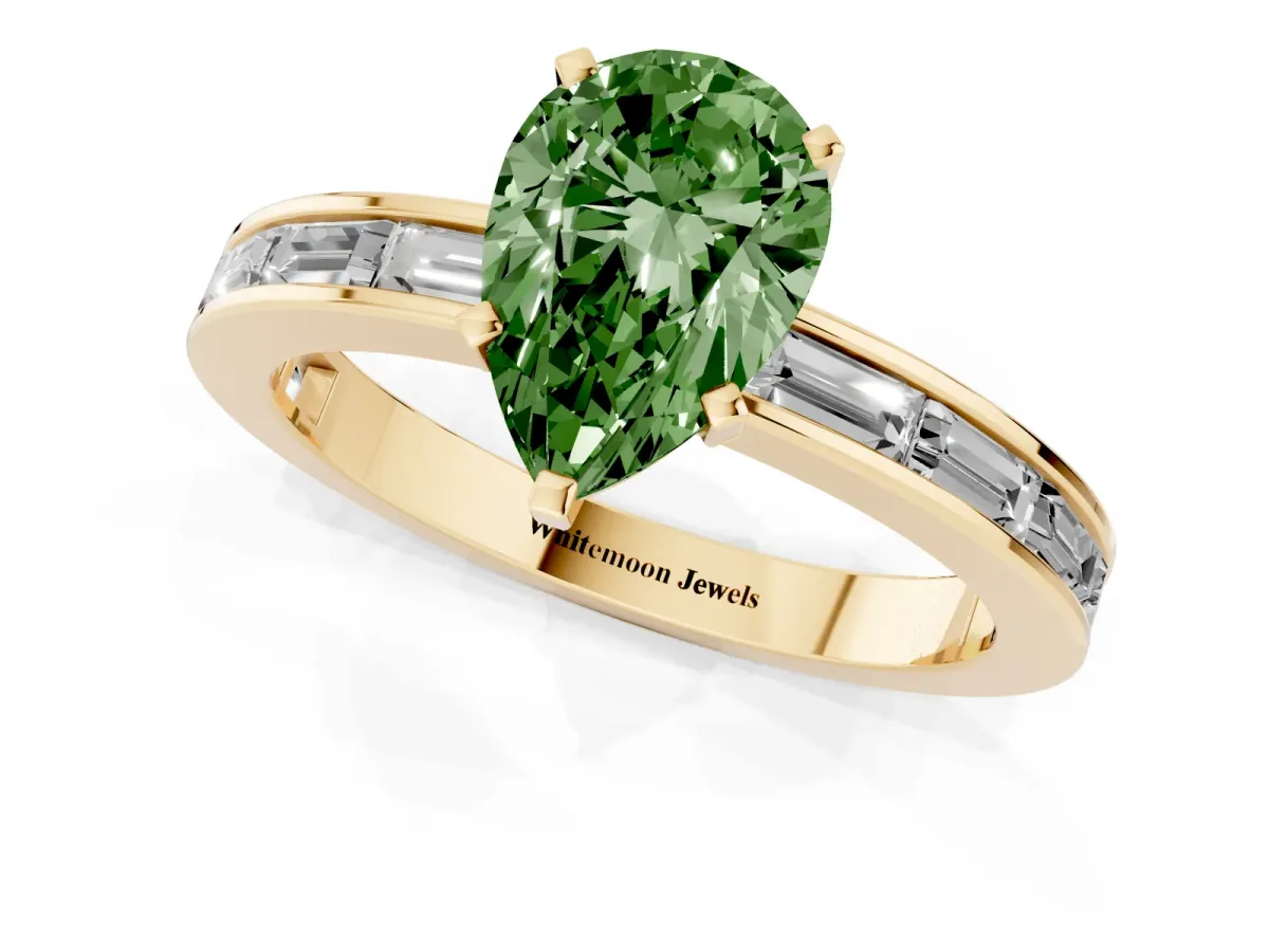Fancy Green Pear Cut Solitaire Diamond Ring with Channel-Set Baguette Band and Four-Prong Setting Yellow gold