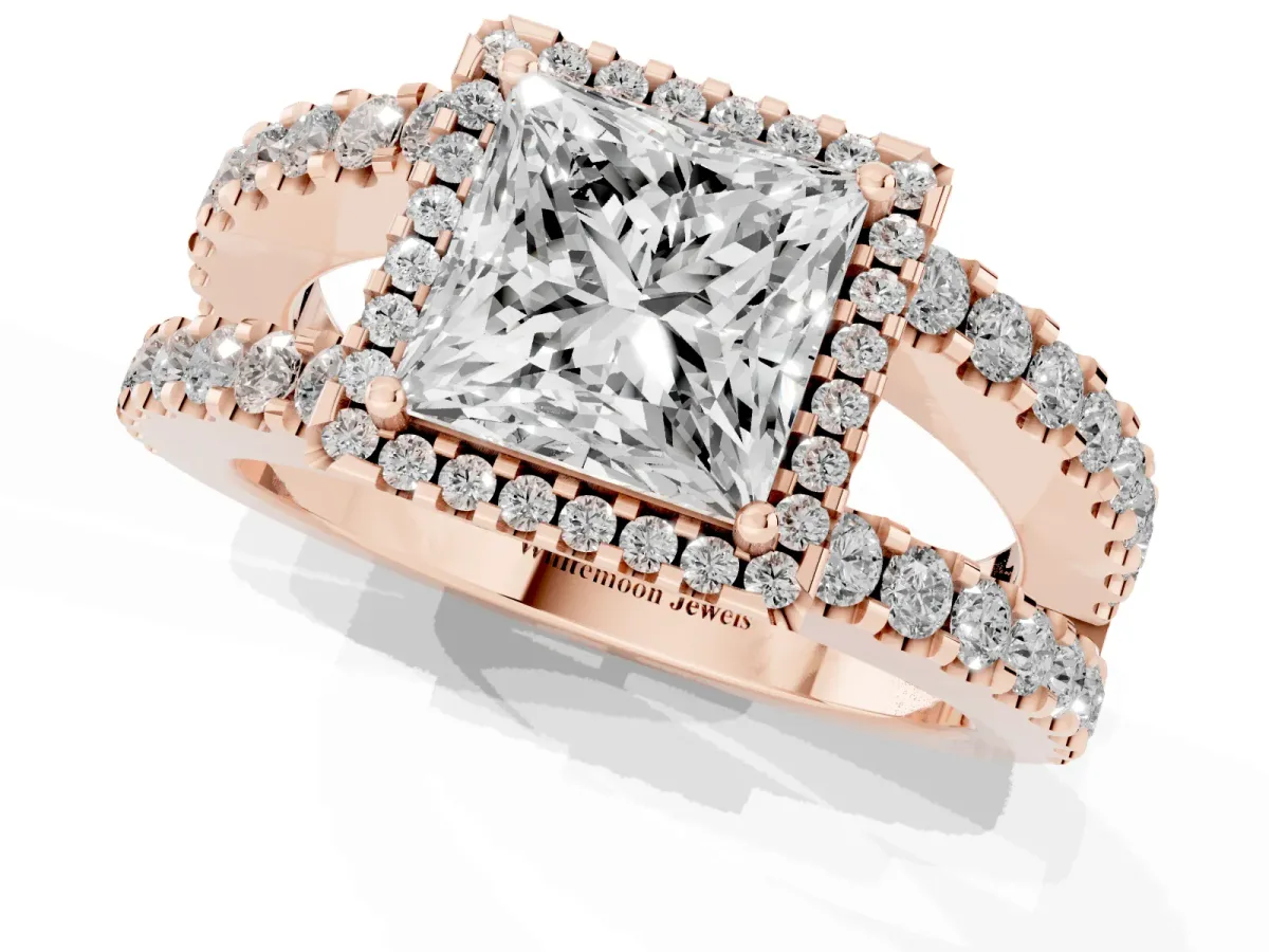 Princess Cut Cut Halo Split Shank Diamond Ring with Four-Prong Setting Rose gold