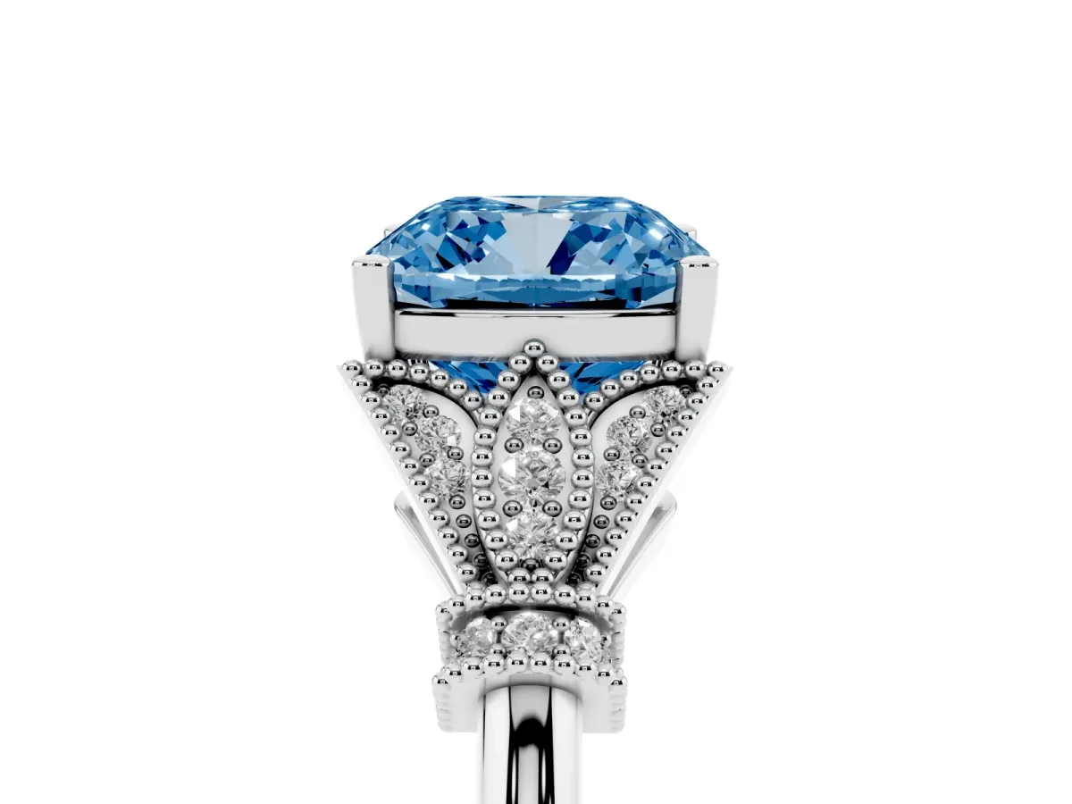 Fancy Blue Cushion Cut Diamond Solitaire Ring with Floral Filigree and Pave Accents White gold