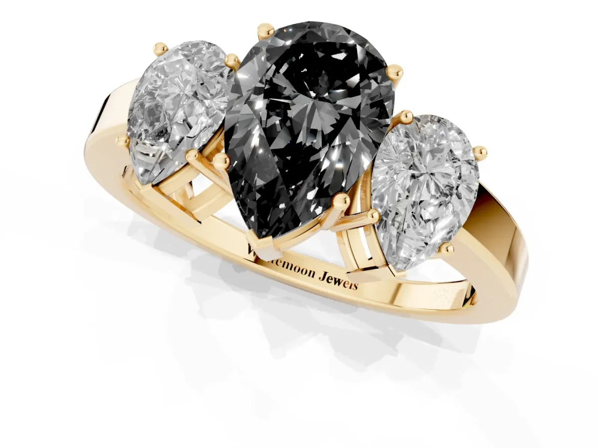 Fancy Black Three-Stone Pear Cut Cut Diamond Engagement Ring with Flat Band and Four-Prong Setting Yellow gold