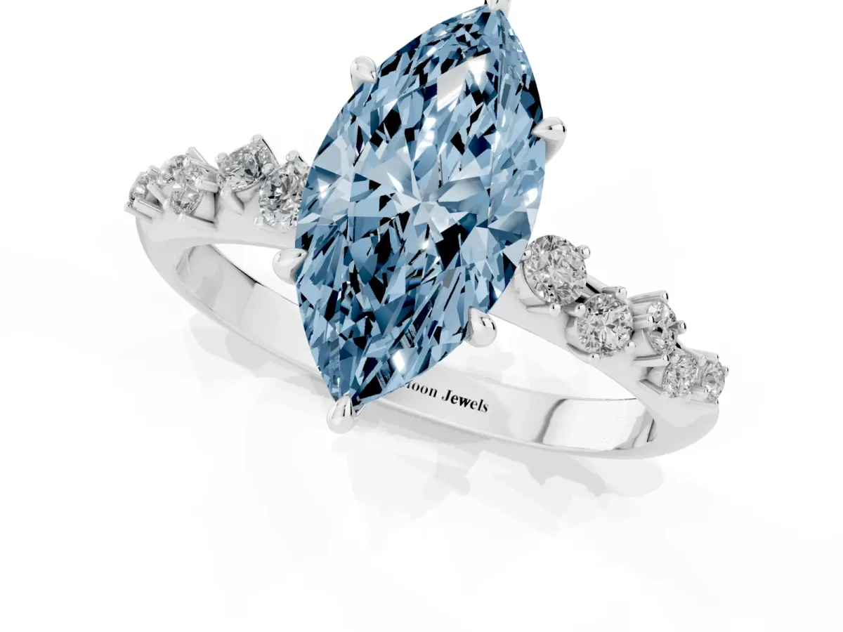 Fancy Blue Marquise Cut Diamond Cluster Side Stone Solitaire Ring with Prong Setting White gold