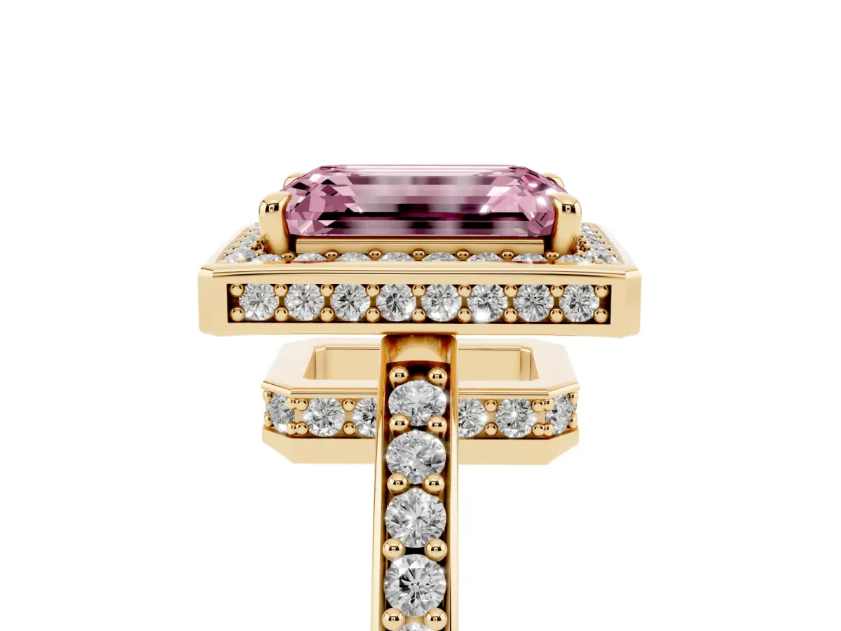Fancy Pink Emerald Cut Halo Pave Band Solitaire Ring with Prong Setting Yellow gold