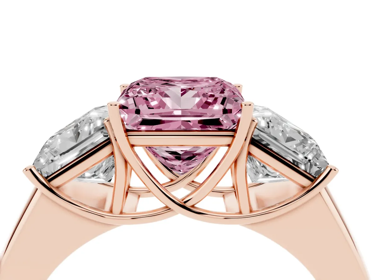 Fancy Pink Three-Stone Princess Cut Cut Diamond Ring with Prong Setting and Classic Band Rose gold