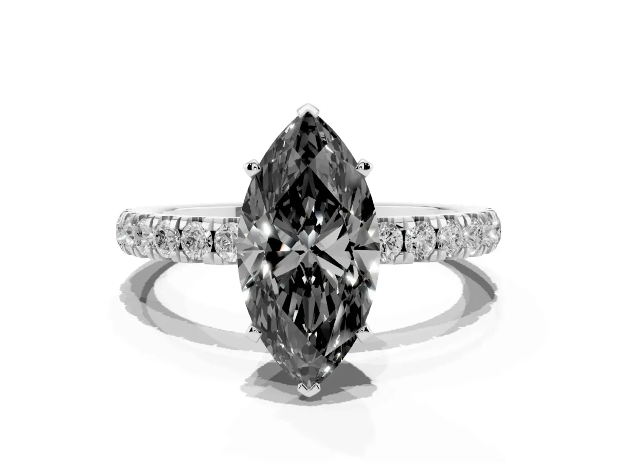 Fancy Black Marquise Cut Diamond Solitaire Ring with Pavé Accents and Four-Prong Setting Platinum
