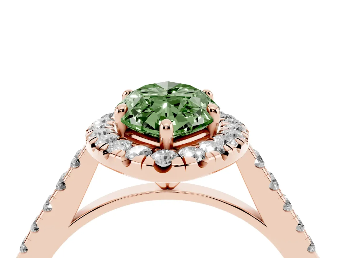Fancy Green Marquise Cut Halo Pave Diamond Engagement Ring with Four-Prong Setting Rose gold