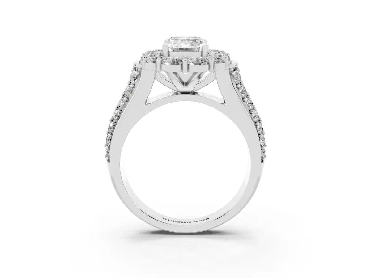 Emerald Cut Halo Diamond Engagement Ring with Split Shank and Prong Setting Silver