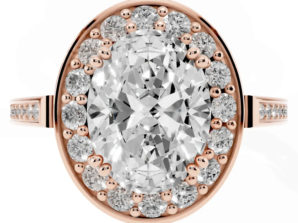 Oval Cut Diamond Halo Ring with Split Shank and Four-Prong Setting Rose gold