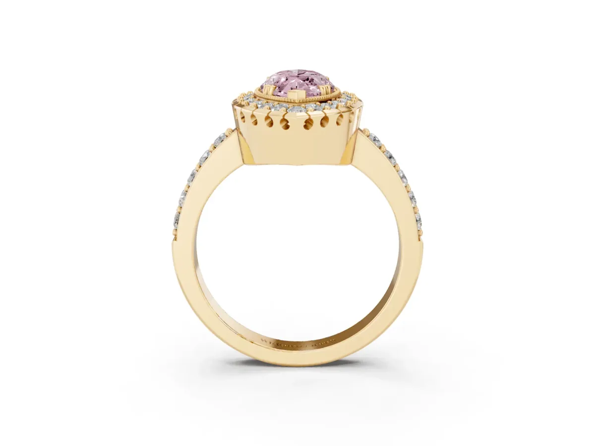 Fancy Pink Marquise Cut Diamond Halo Ring with Pavé Band and Prong Setting Yellow gold