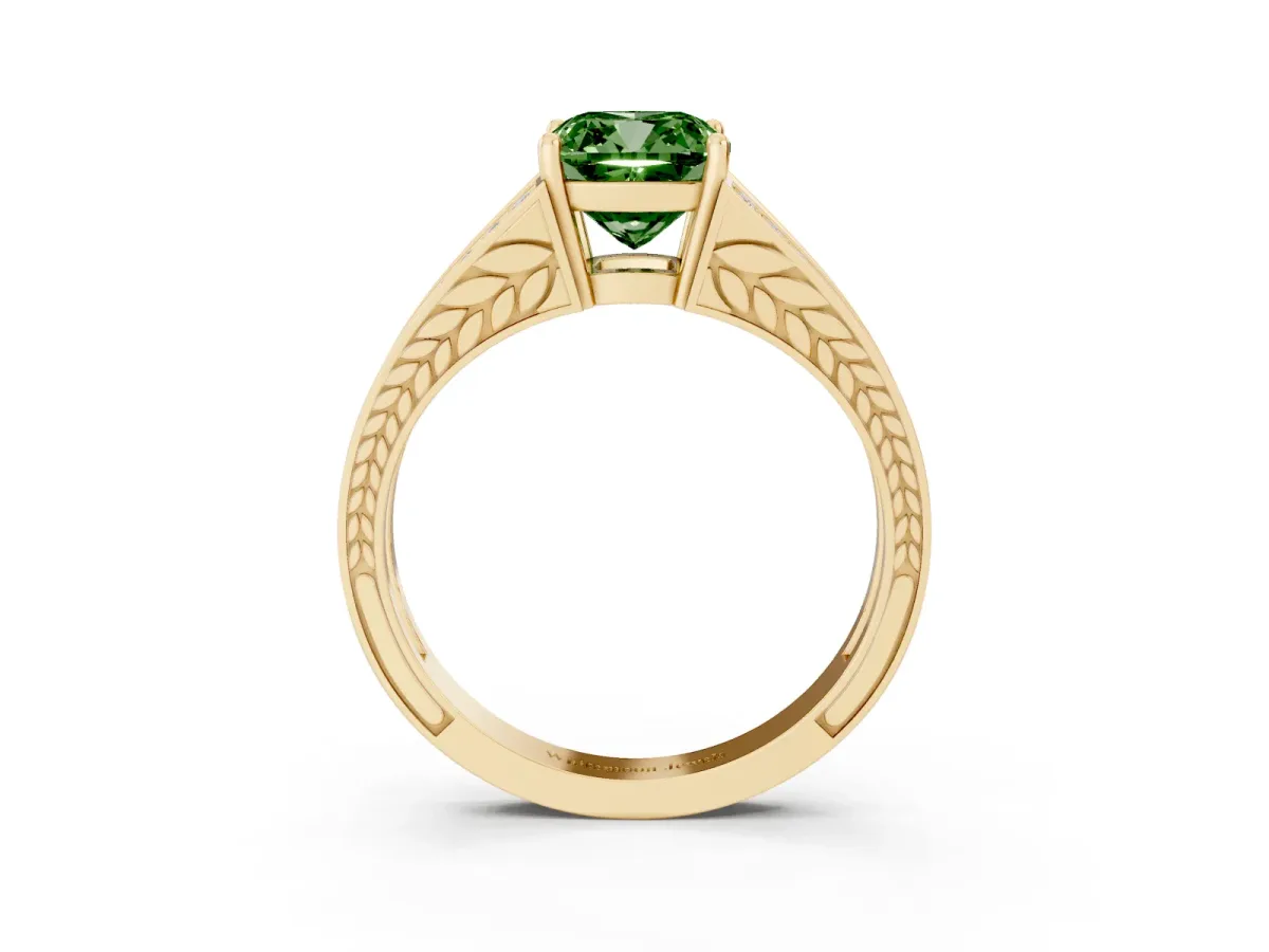 Fancy Green Cushion Cut Diamond Split Shank Ring with Pavé Band and Four-Prong Setting Yellow gold