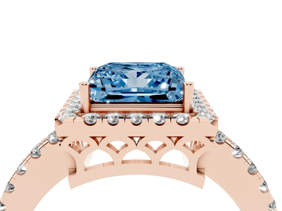 Fancy Blue Princess Cut Halo Diamond Engagement Ring with Pavé Band and Four-Prong Setting Rose gold