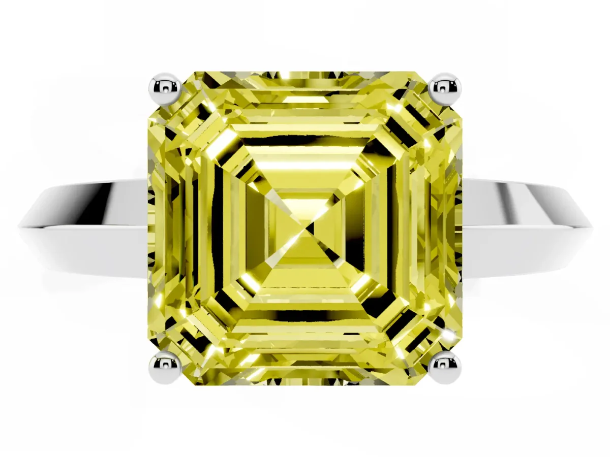 Fancy Yellow Asscher Cut Cut Solitaire Engagement Ring with Flat Band and Four-Prong Setting Silver