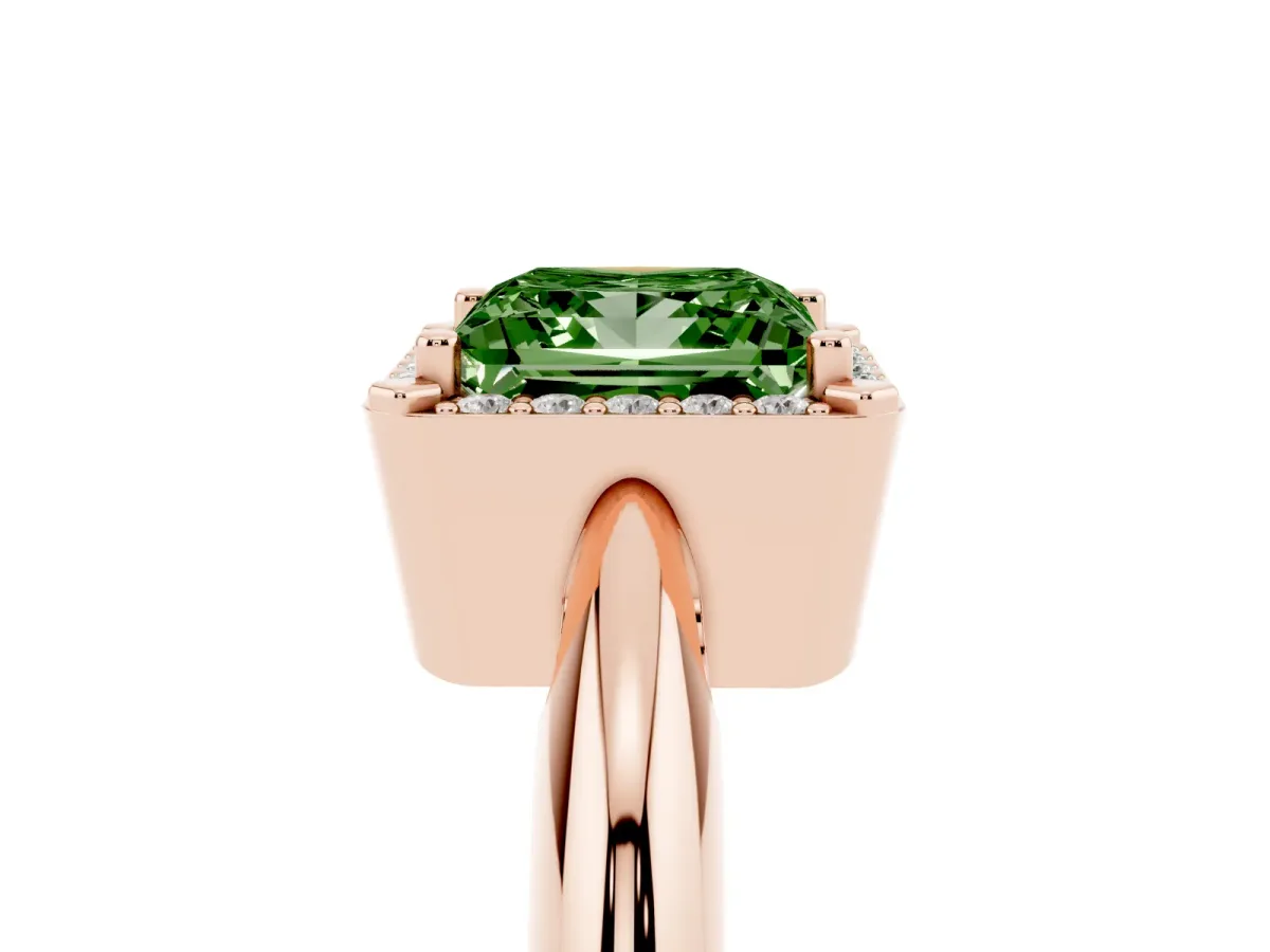 Fancy Green Princess Cut Cut Diamond Halo Engagement Ring with Split Shank and Four-Prong Setting Rose gold