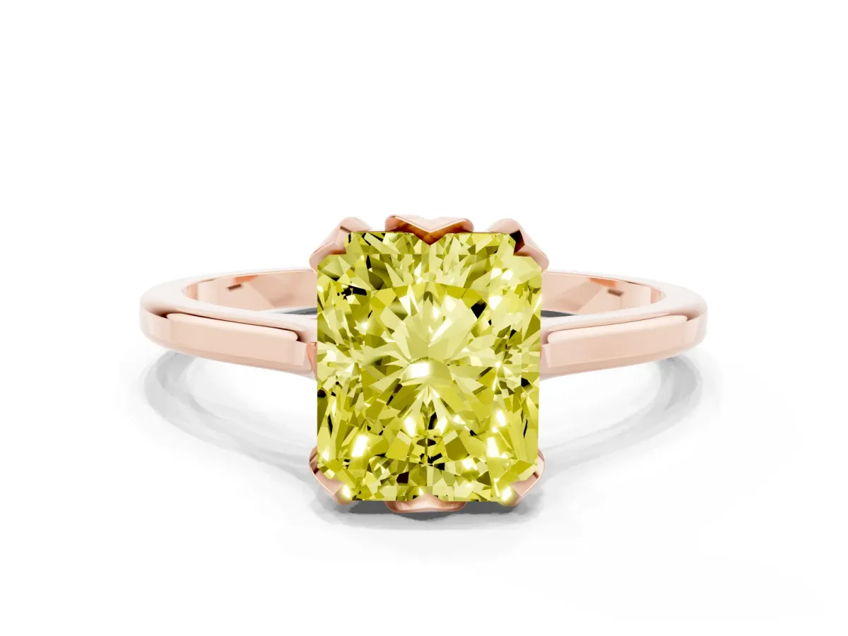 Fancy Yellow Radiant Cut Diamond Solitaire Ring with Flower Prong Setting and Classic Band Rose gold