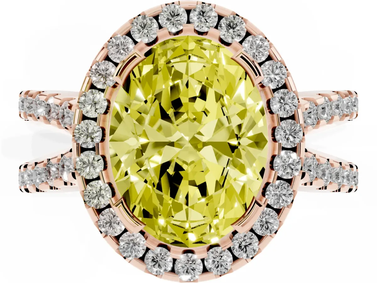 Fancy Yellow Oval Cut Diamond Halo Ring with Split Shank Pavé Band and Prong Setting Rose gold