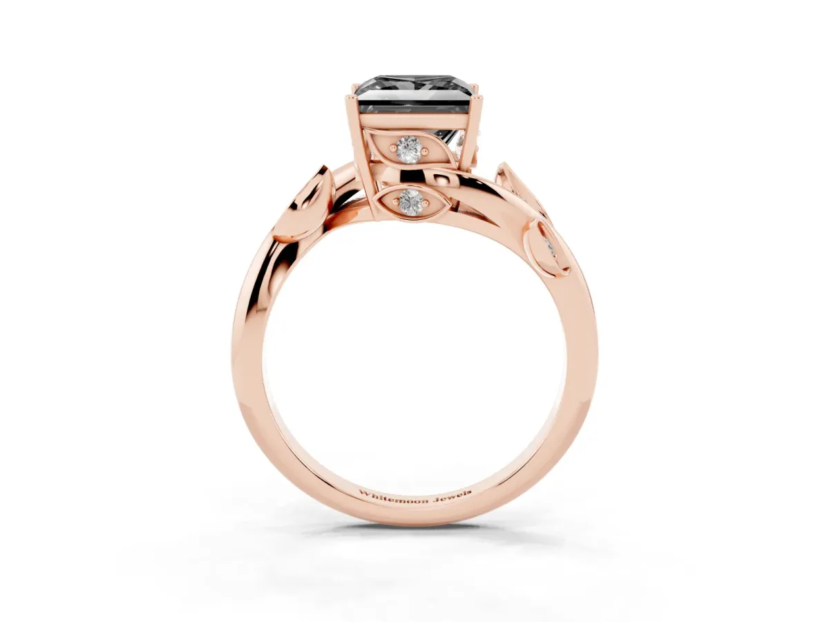 Fancy Black Princess Cut Solitaire Twist Engagement Ring with Leaf Accents and Prong Setting Rose gold