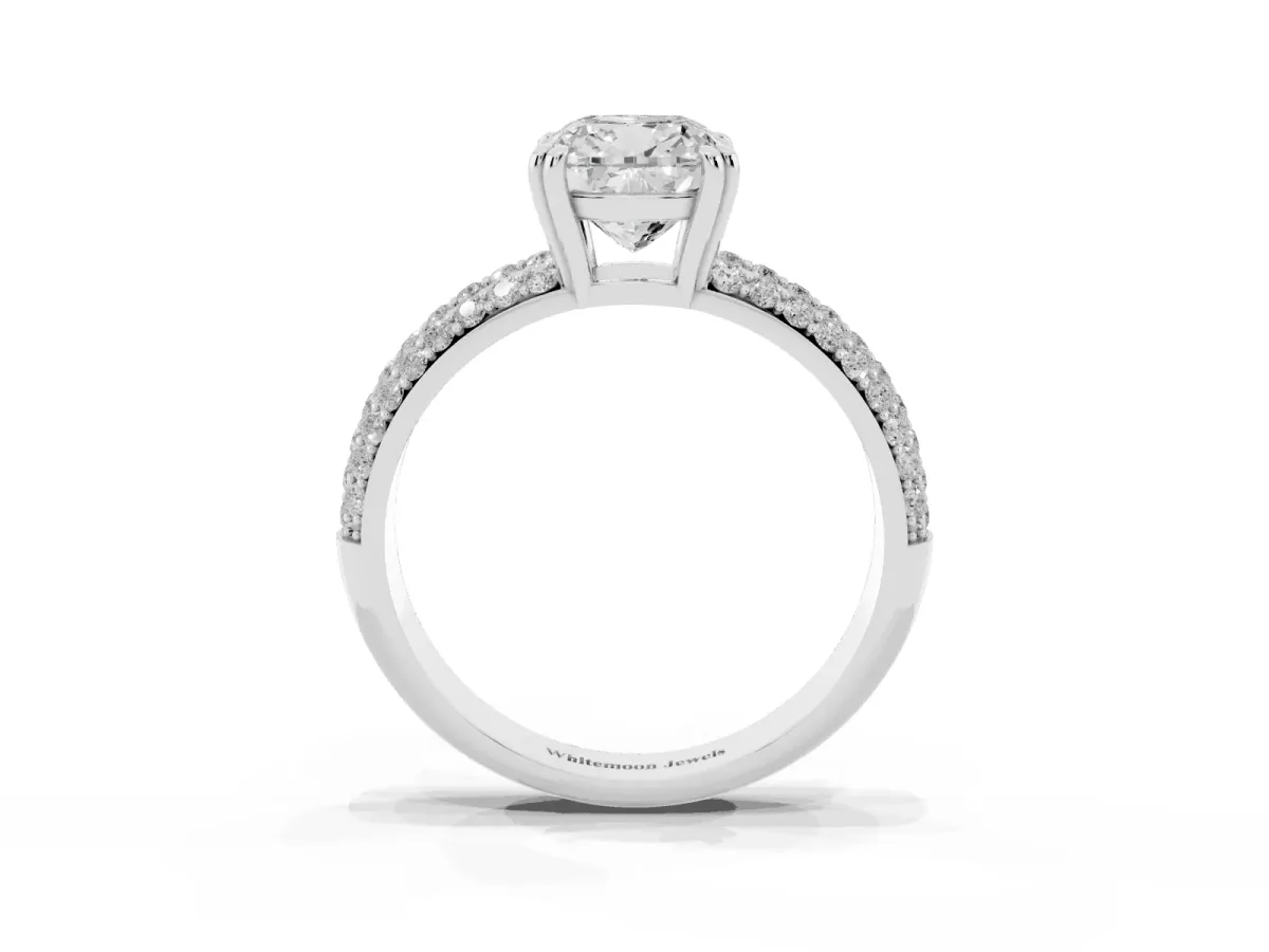Cushion Cut Diamond Solitaire Ring with Multi-Row Round Pavé Band and Prong Setting Silver