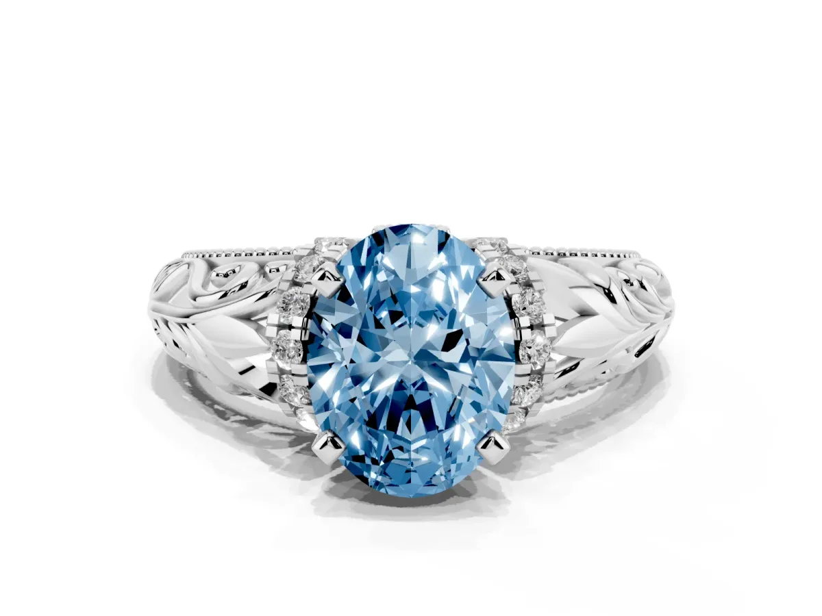 Fancy Blue Oval Cut Solitaire Filigree Engagement Ring with Halo and Prong Setting Silver