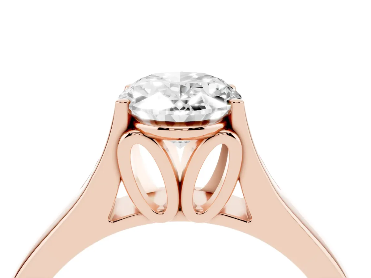 Oval Cut Solitaire Diamond Ring with Cathedral Band and Four-Prong Setting Rose gold