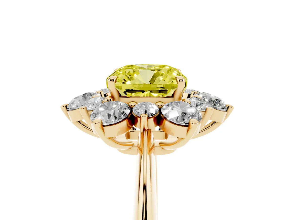 Fancy Yellow Cushion Cut Diamond Cluster Halo Ring with Solitaire Band and Four-Prong Setting Yellow gold