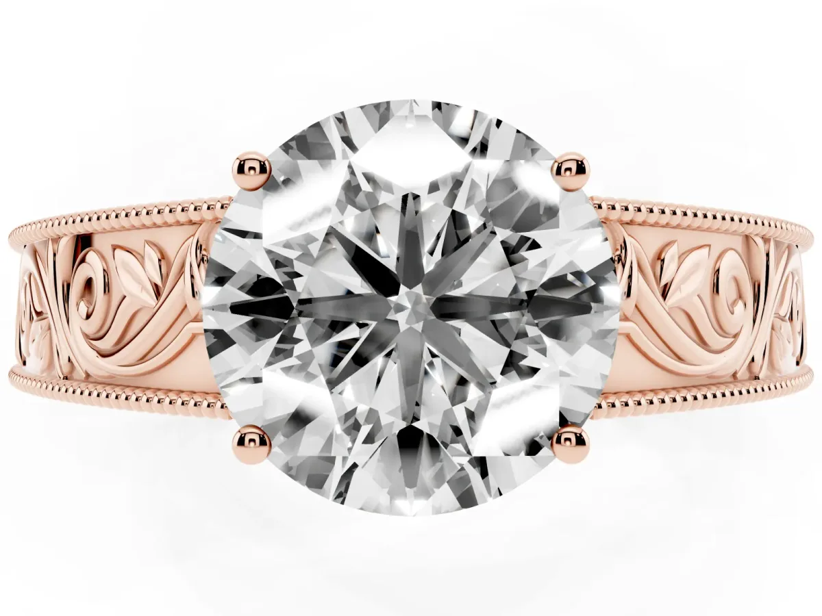 Round Cut Diamond Solitaire Ring with Engraved Band and Four-Prong Setting Rose gold