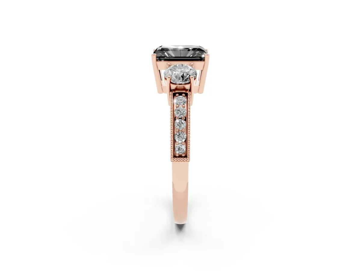 Fancy Black Radiant Cut Three-Stone Diamond Ring with Pavé Band and Four-Prong Setting Rose gold