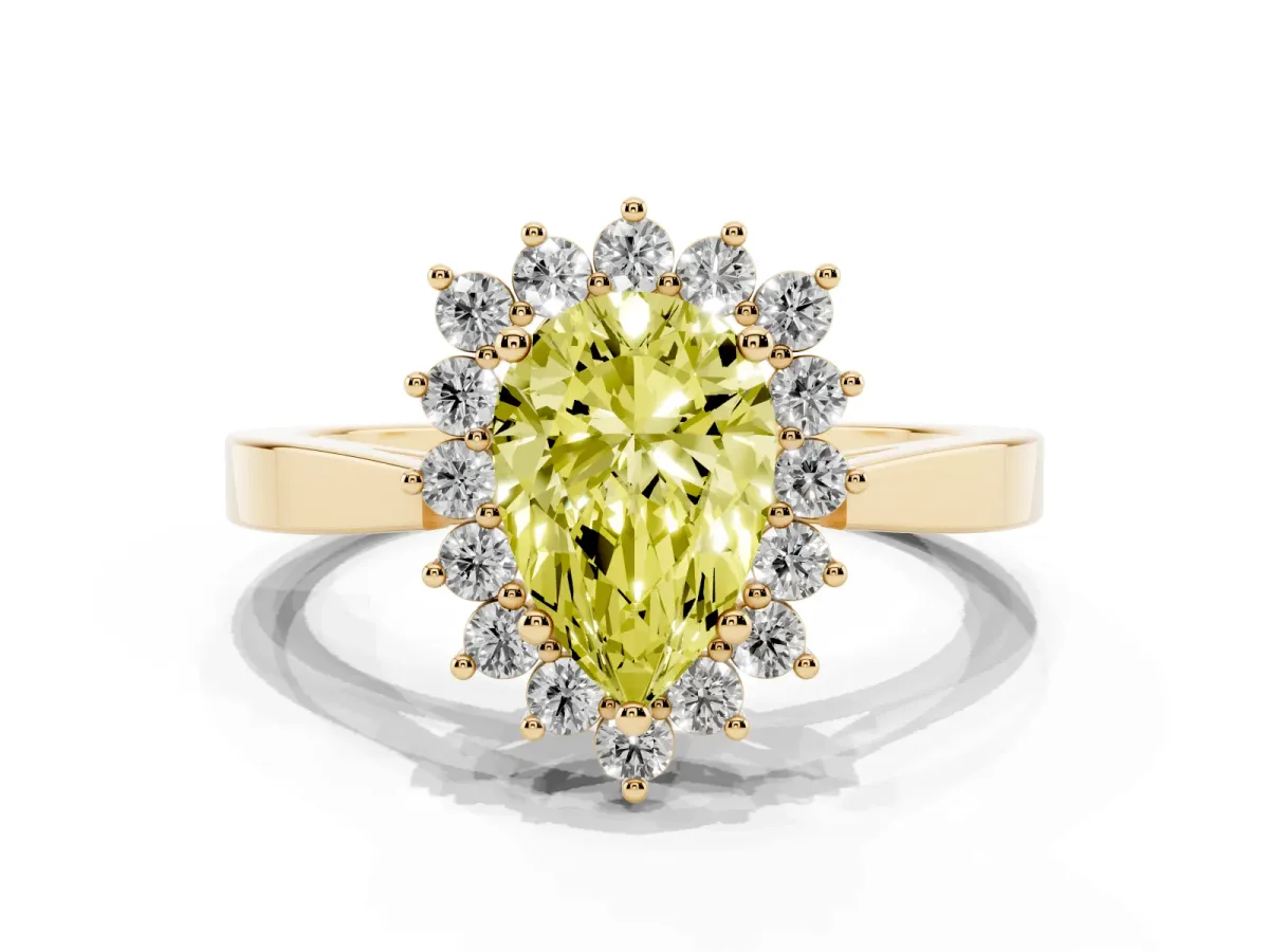 Fancy Yellow Pear Cut Cut Diamond Halo Ring with Round Brilliant Halo and Solitaire Band Yellow gold