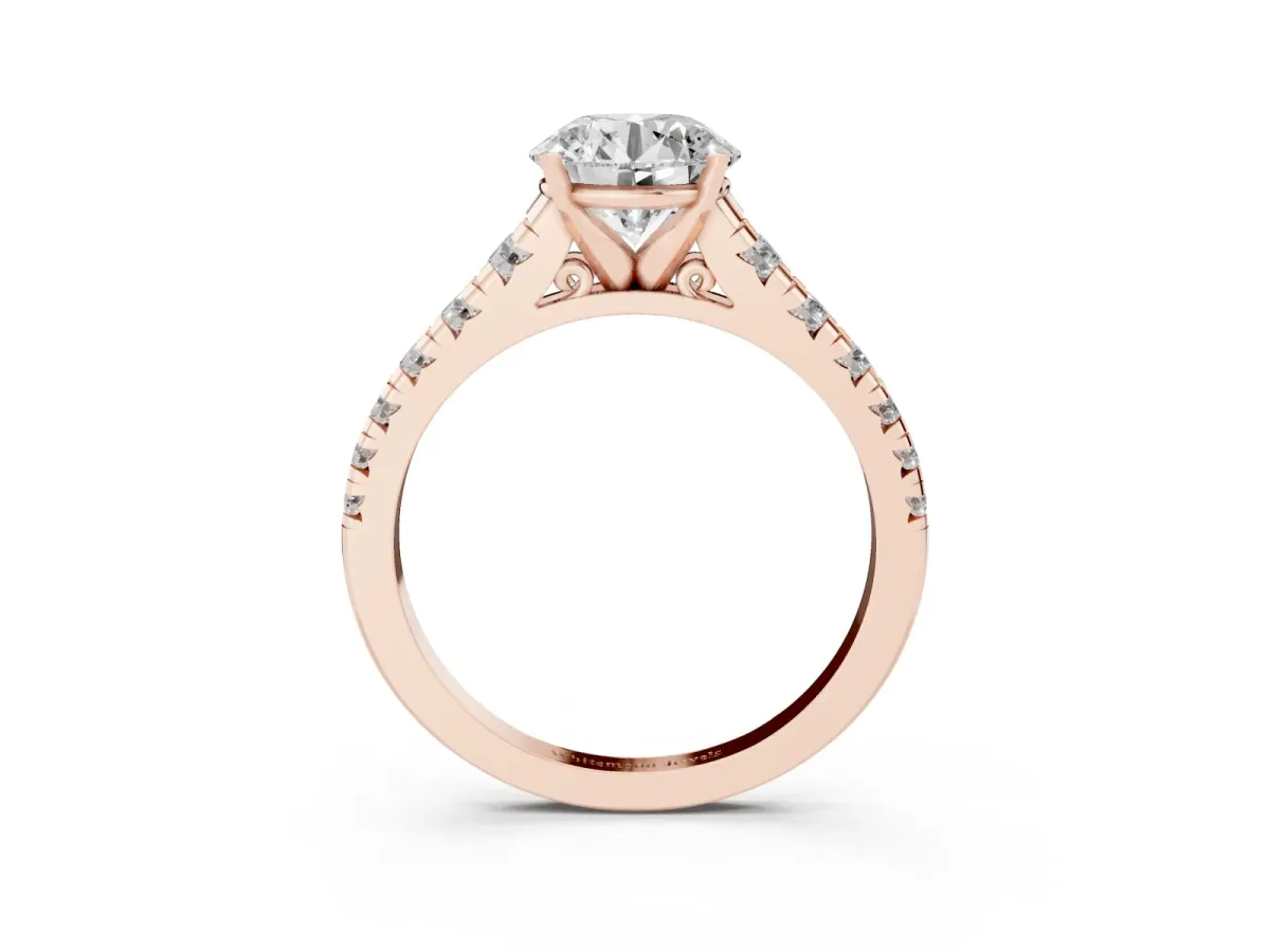Round Cut Diamond Cathedral Solitaire Ring with Round Pavé Band Rose gold