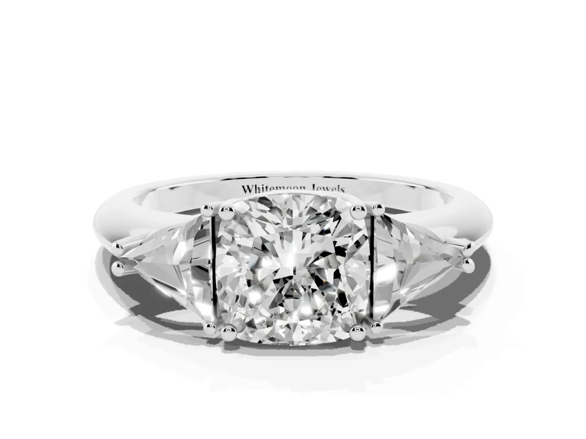 Three-Stone Cushion Cut Diamond Engagement Ring with Trillion Side Stones and Prong Setting Silver