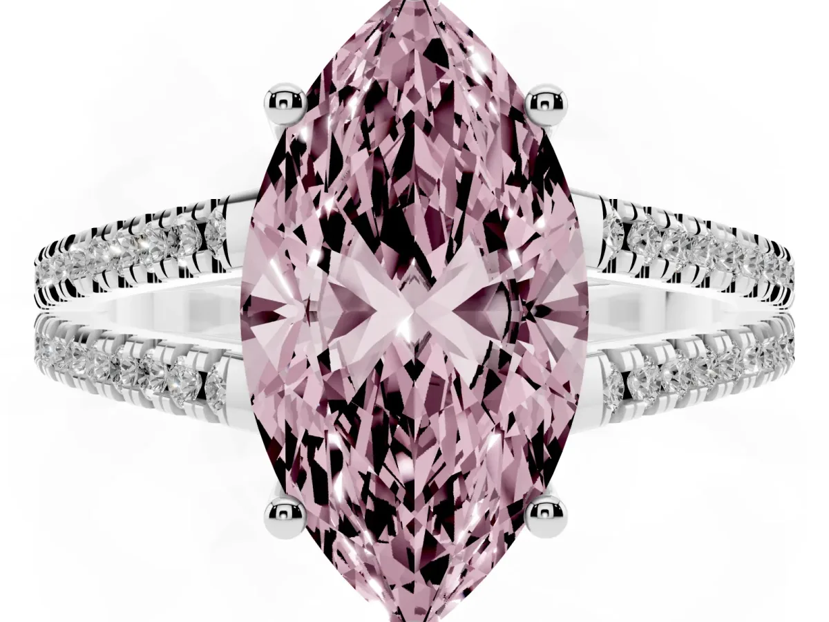 Fancy Pink Marquise Cut Diamond Solitaire Engagement Ring with Split Shank Pavé Band Silver