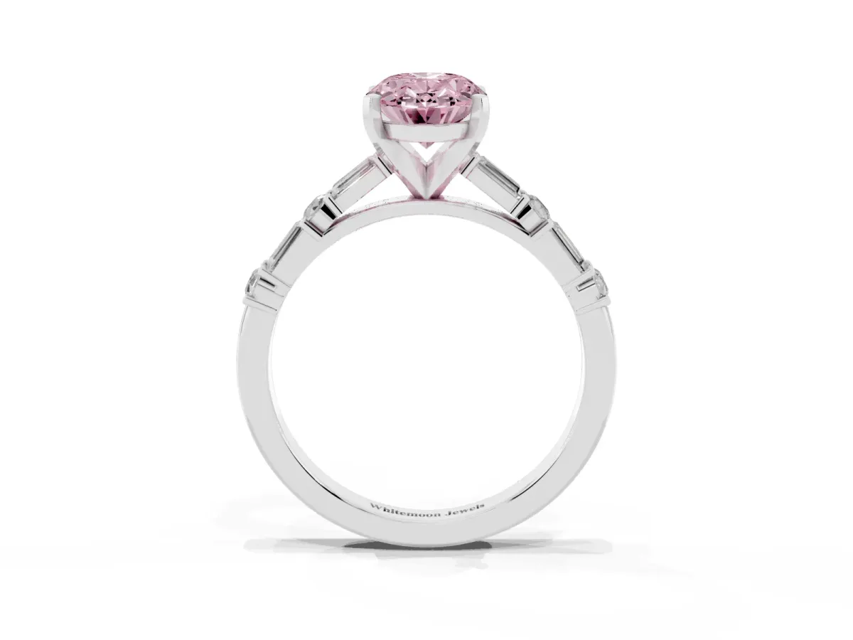 Fancy Pink Oval Cut Diamond Solitaire with Side Baguettes and Channel Set Band Platinum