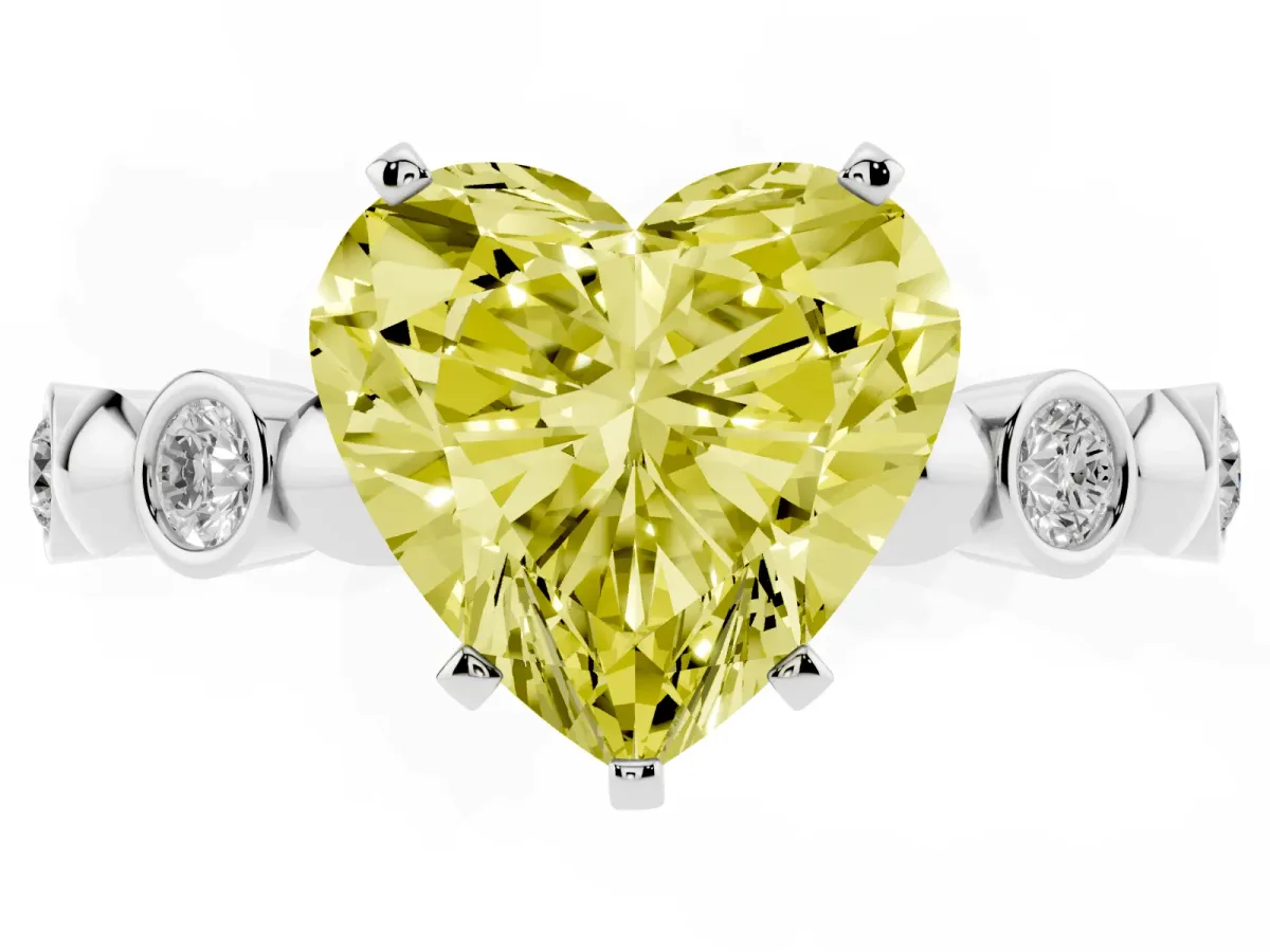 Fancy Yellow Heart Cut Solitaire Bezel-Set Diamond Ring with Beaded Band and Four-Prong Setting Silver