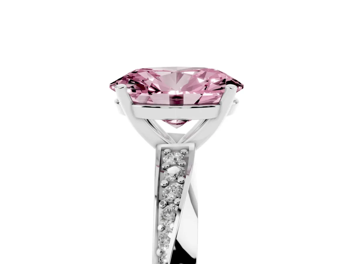 Fancy Pink Oval Cut Diamond Engagement Ring with Side Stone Accents and Four-Prong Setting Silver