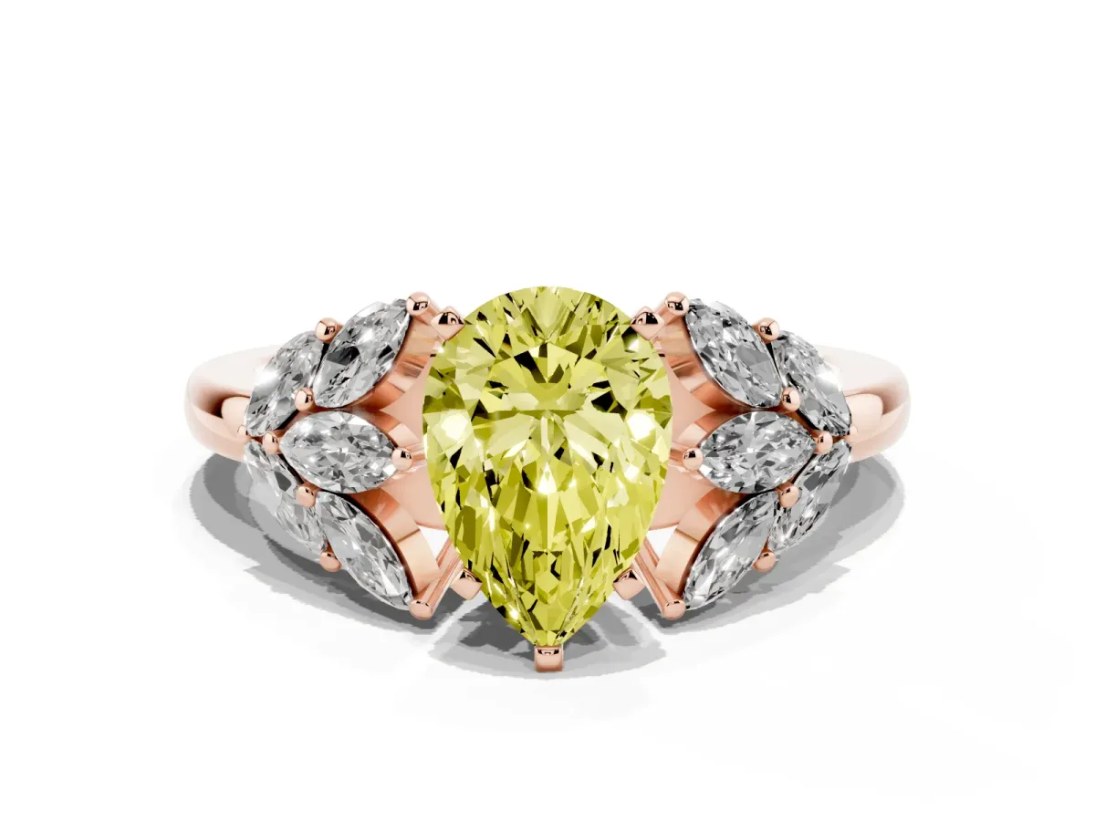 Fancy Yellow Pear Cut Diamond Cluster Leaf Design Ring with Prong Setting Rose gold