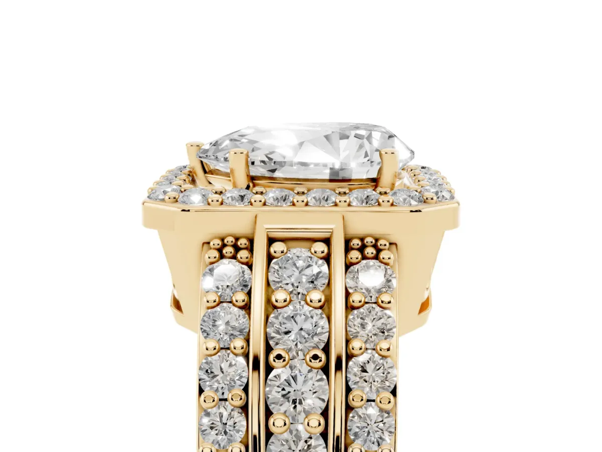 Pear Cut Halo Diamond Ring with Round Split Shank and Prong Setting Yellow gold