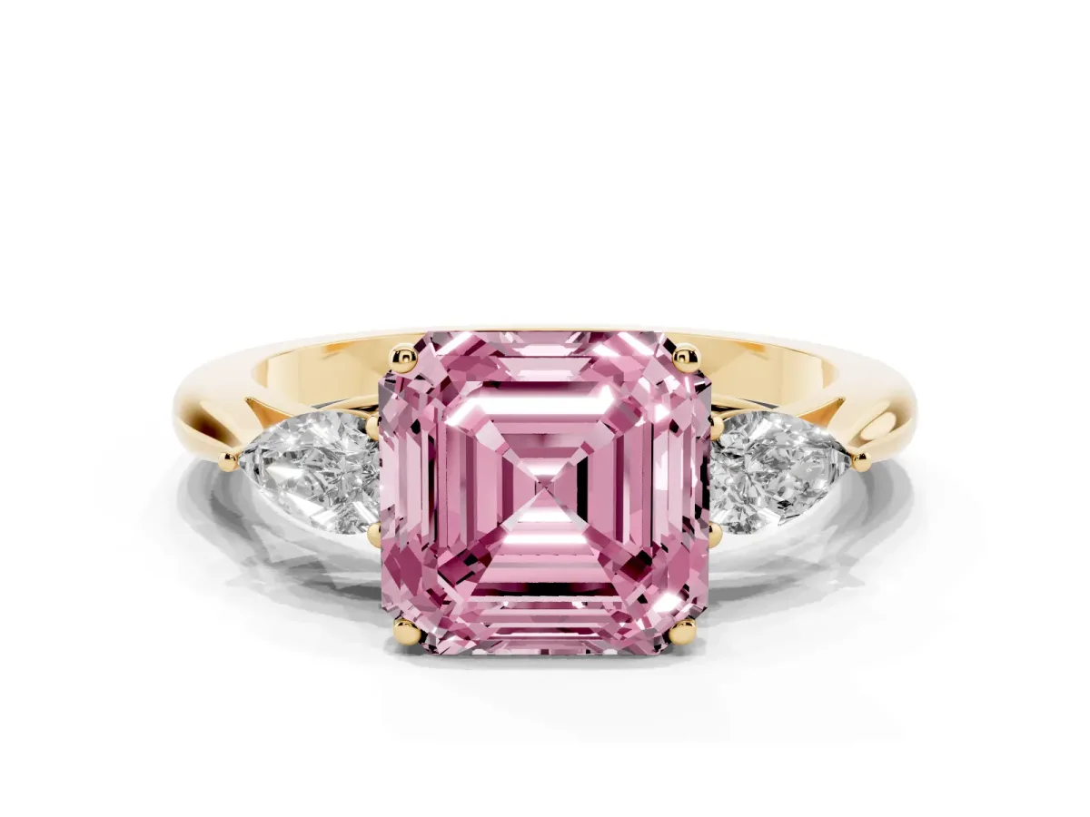 Fancy Pink Three-Stone Asscher Cut Brilliant Diamond Solitaire Ring with Tapered Band and Four-Prong Setting Yellow gold