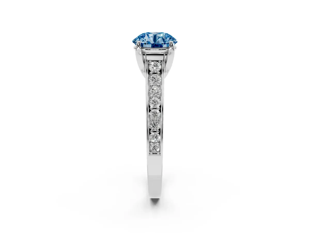 Fancy Blue Round Cut Brilliant Cut Diamond Engagement Ring with Pavé Band and Four-Prong Setting White gold