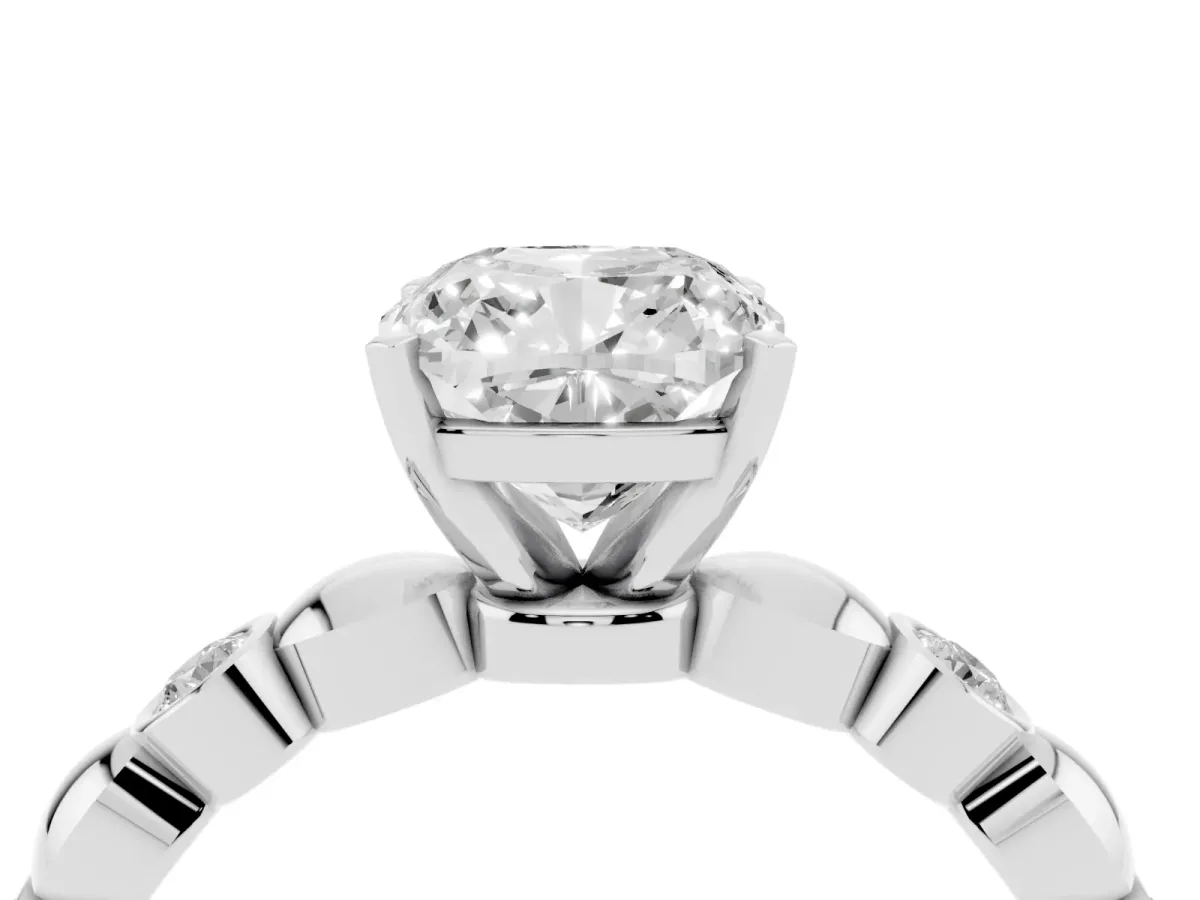Cushion Cut Solitaire Bezel-Set Diamond Ring with Beaded Band and Four-Prong Setting Silver